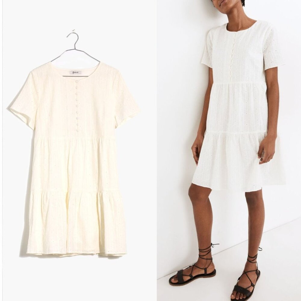Madewell - Embroidered Eyelet Button-Front Tiered Dress MC958 | Medium | White